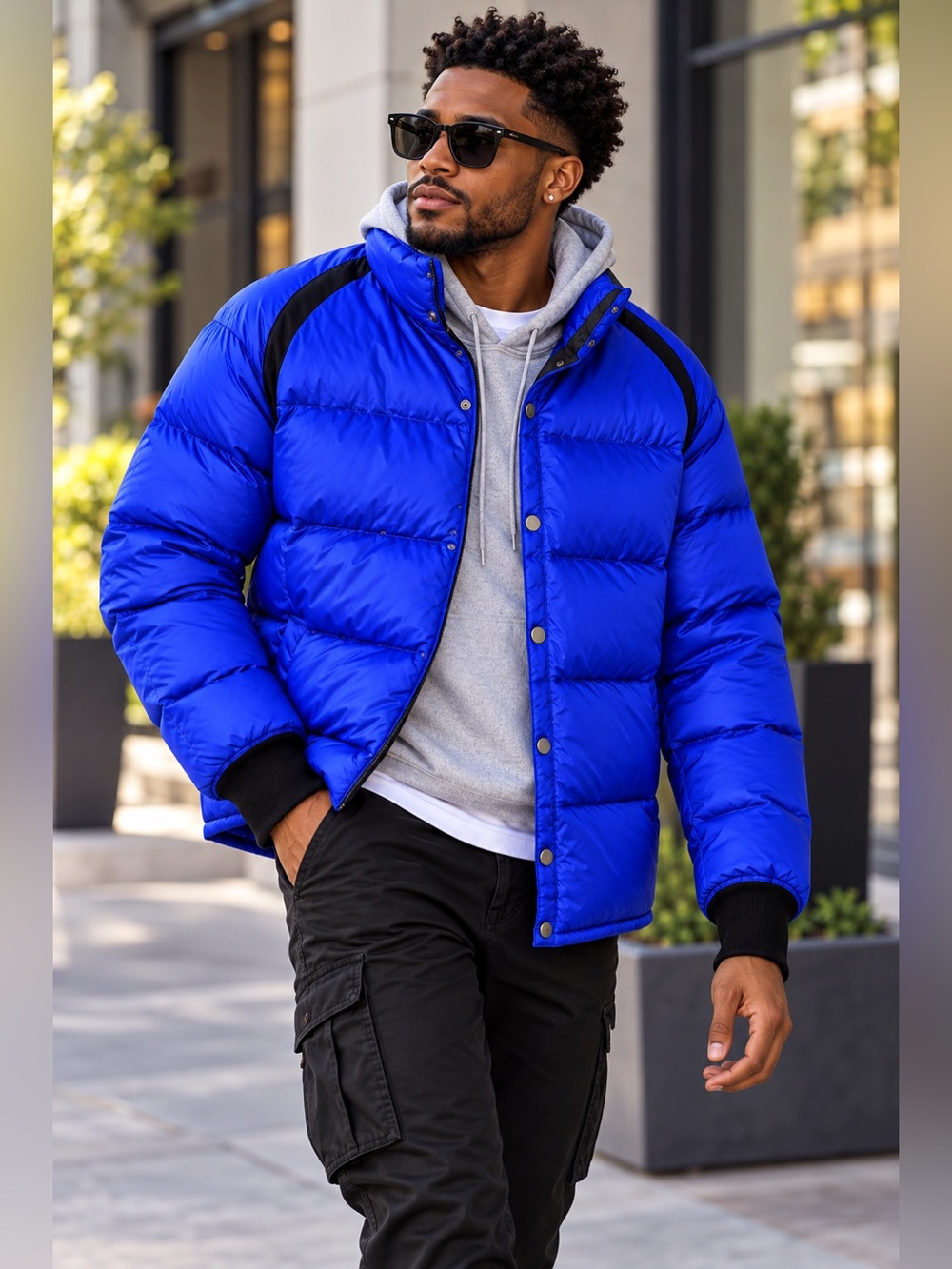EFM Donrad Duncan Cobalt Blue Puffer DownJacket Black Shoulder Detail Size Large